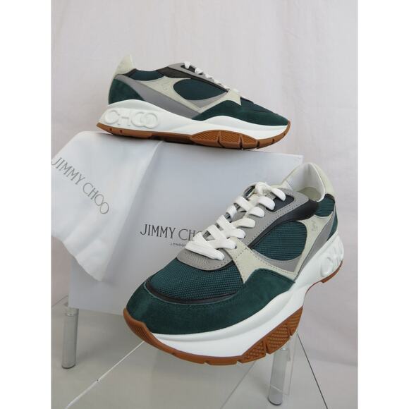 JIMMY CHOO LANDON GREEN GRAY SUEDE BLACK LEATHER PLATFORM SNEAKERS 44 11 - Picture 2 of 15